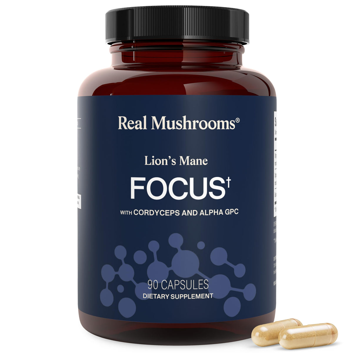 Capsules de Lion's Mane de Real Mushrooms en bouteille vue de face
