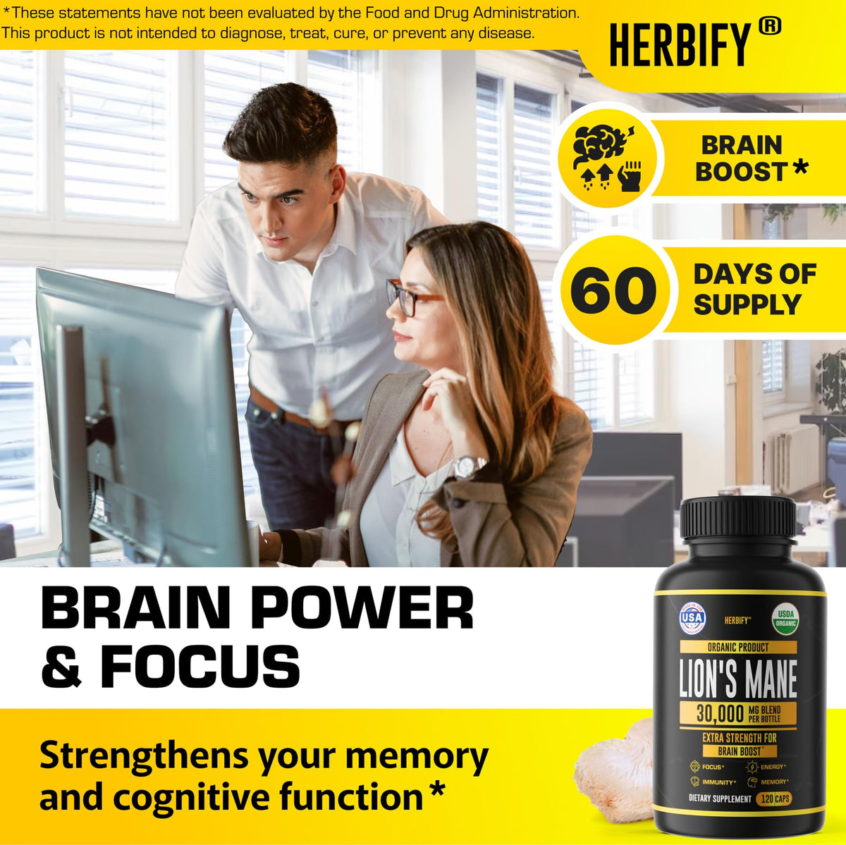 Capsules de Lion's Mane HERBIFY sur une surface blanche