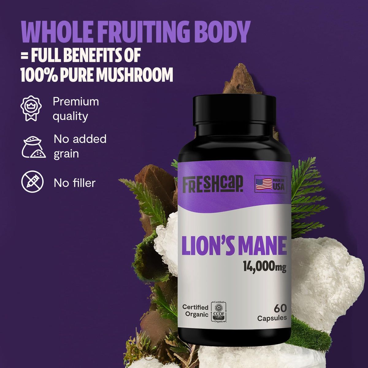 Capsules de Lions Mane FreshCap sur une table en bois