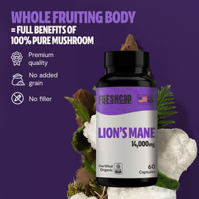 Capsules de Lions Mane FreshCap sur une table en bois