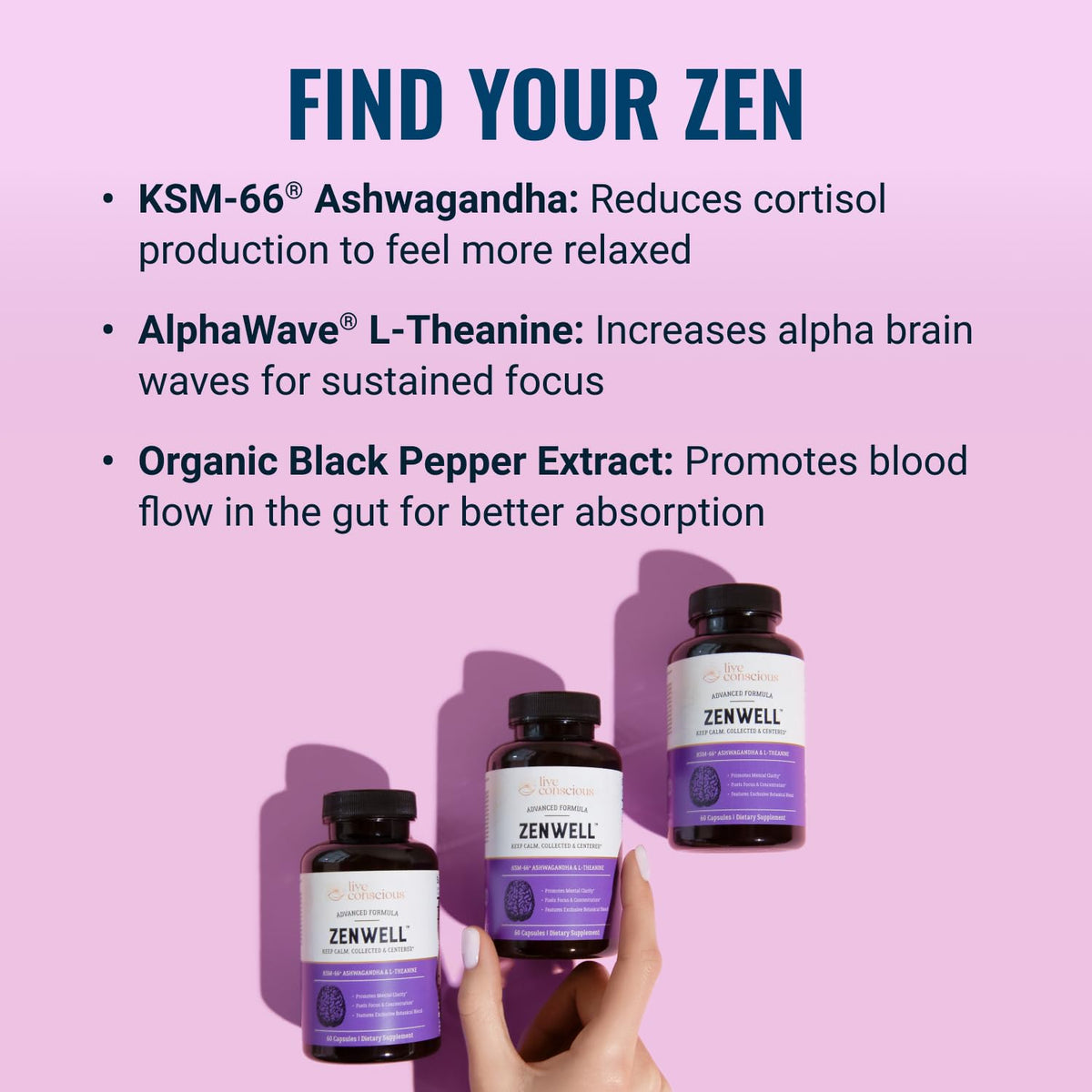 Capsules de Live Conscious KSM-66 Ashwagandha sur une surface blanche