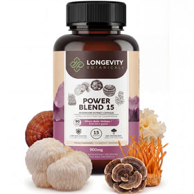 Capsules de Longevity Botanicals Power 15 mélange champignons vue de face