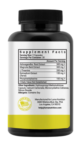 Capsules de Luma Nutrition Complément Cortisol sur une surface en bois