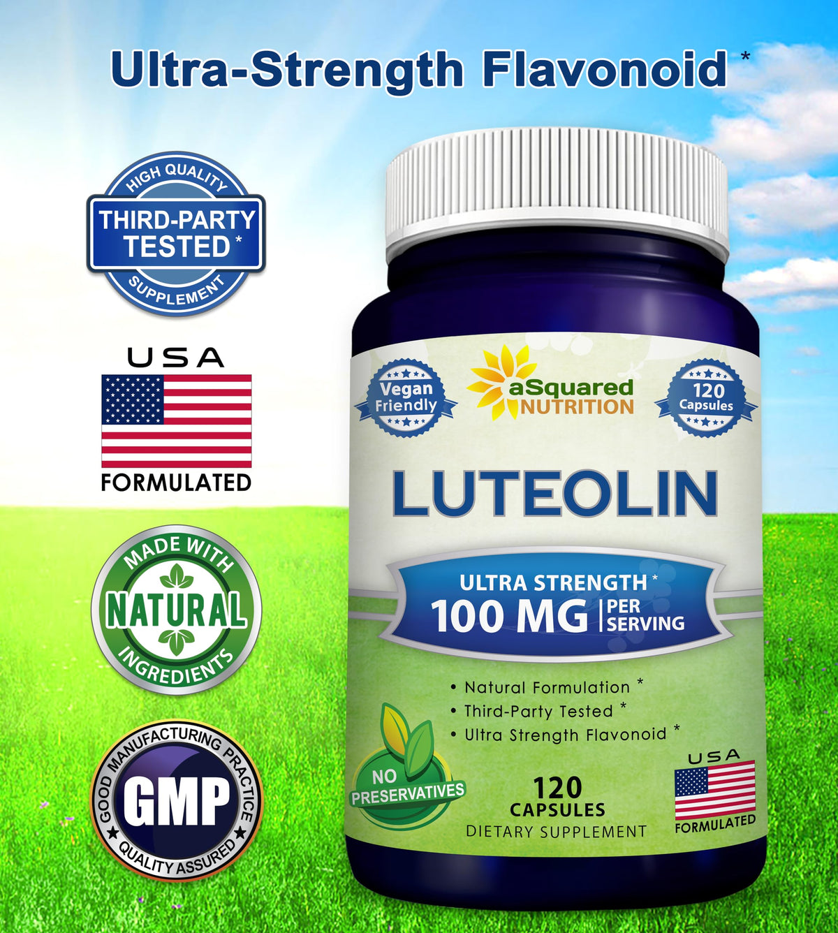 Capsules de Luteolin 100mg aSquared Nutrition sur une surface blanche
