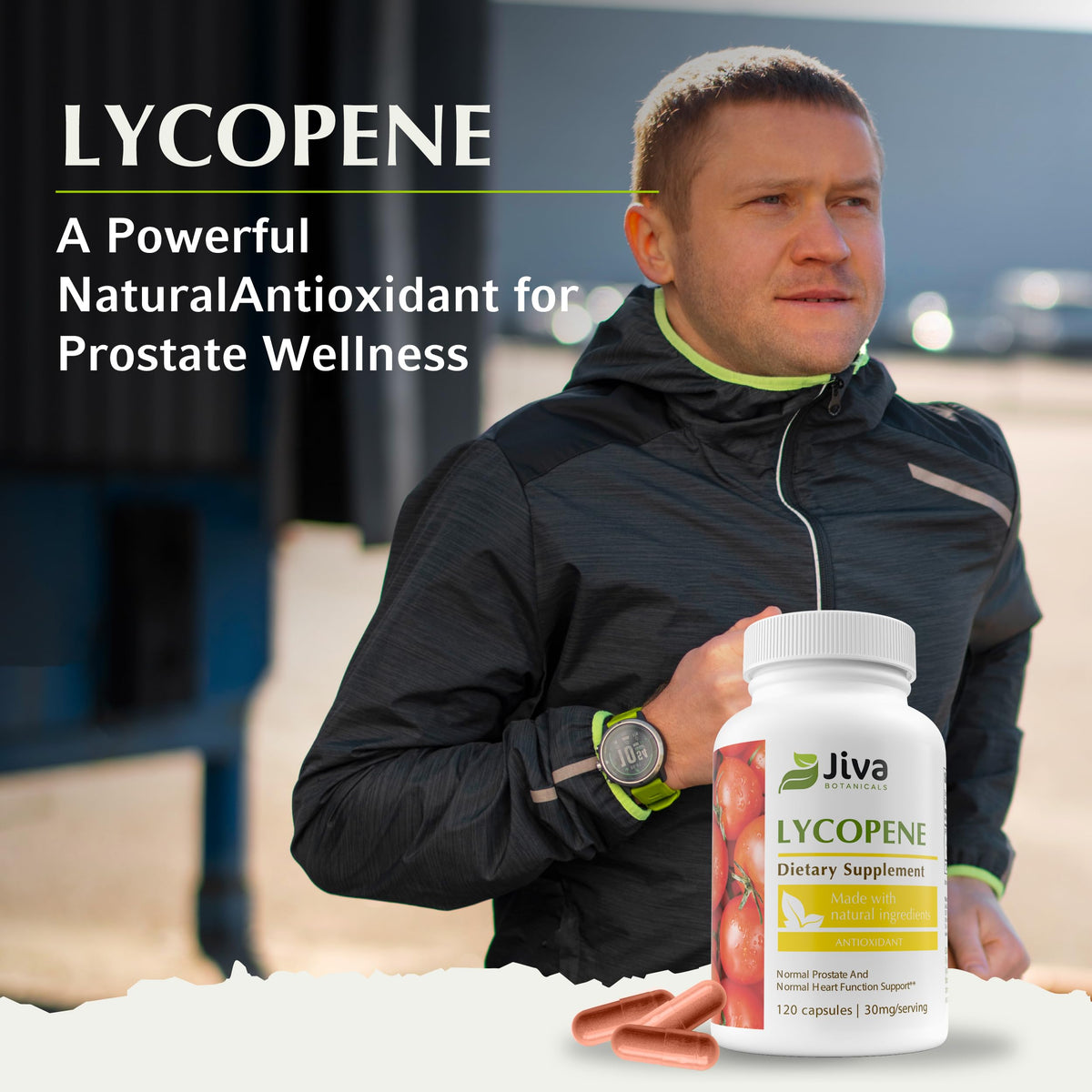 Capsules de Lycopène Jiva Botanicals sur une table