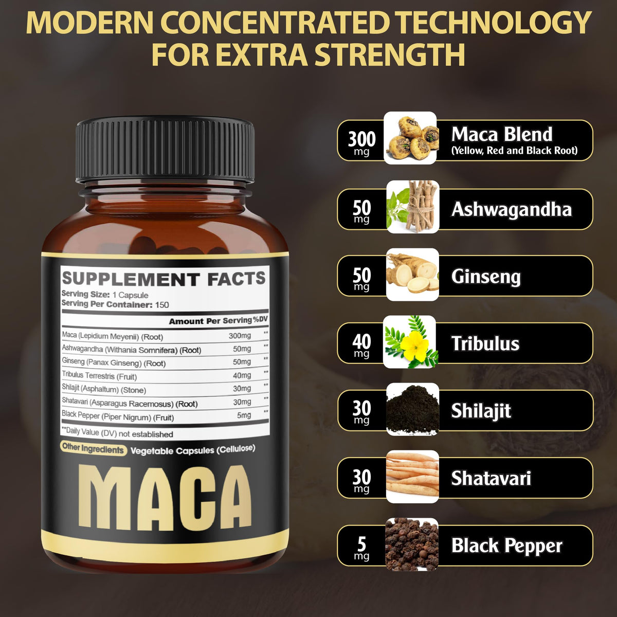 Capsules de Maca 7 en 1 agobi sur une surface en bois