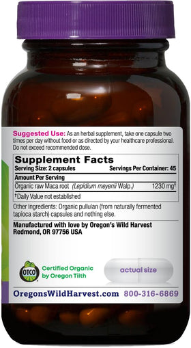 Capsules de Maca Bio Oregon's Wild Harvest sur une surface blanche