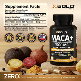 Capsules de Maca Bio X Gold Health sur fond blanc