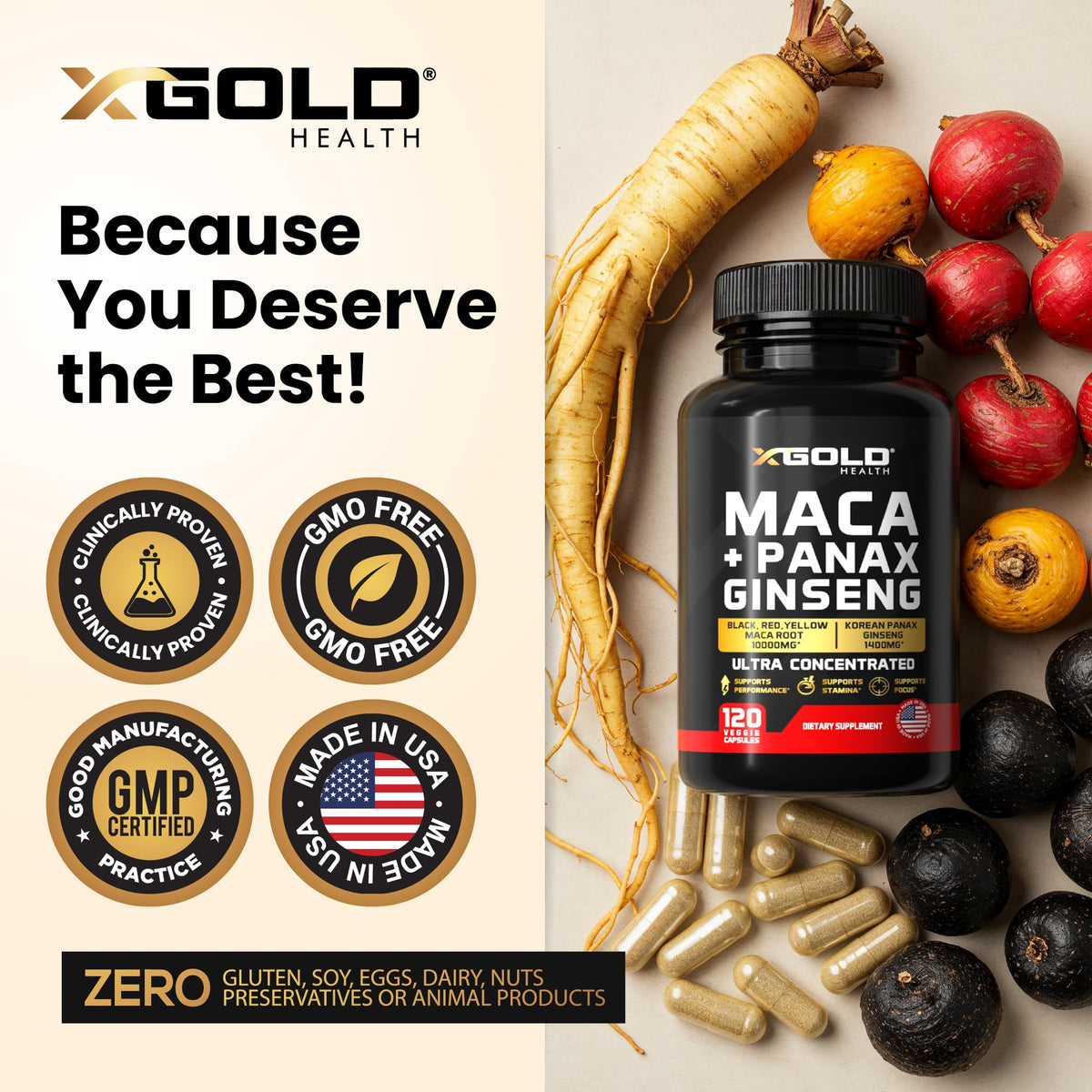 Capsules de Maca et Ginseng X Gold Health sur un fond neutre