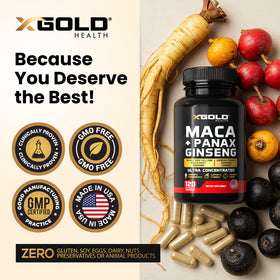 Capsules de Maca et Ginseng X Gold Health sur un fond neutre