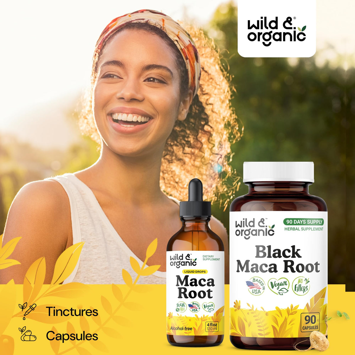 Capsules de maca noire Wild & Organic avec étiquette visible