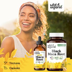 Capsules de maca noire Wild & Organic avec étiquette visible