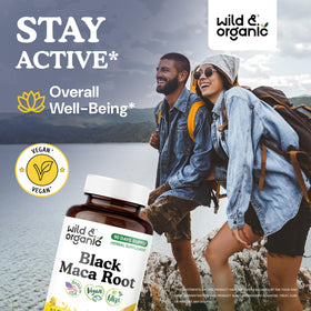 Capsules de maca noire Wild & Organic sur fond blanc