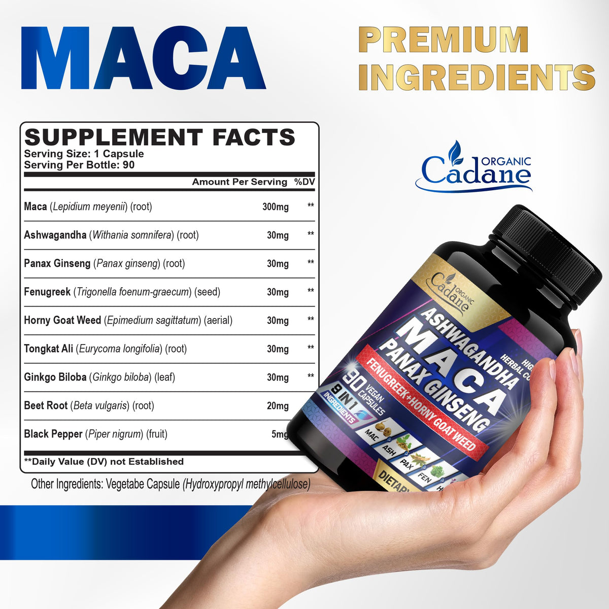 Capsules de Maca Organic Cadane prises en main avec un verre d'eau