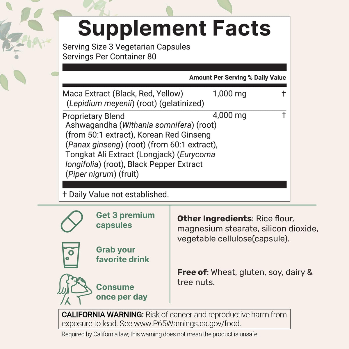 Capsules de Maca Root Micro Ingredients avec étiquette détaillée