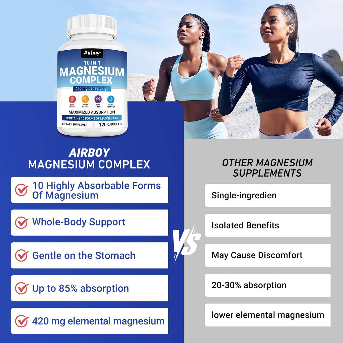 Capsules de magnésium Airboy sur une table en bois