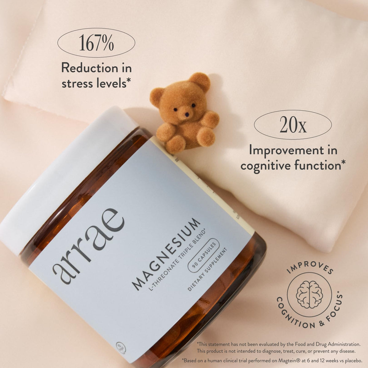 Capsules de magnésium Arrae sur une surface en bois