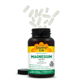 Capsules de magnésium avec silice de Country Life dans un bol