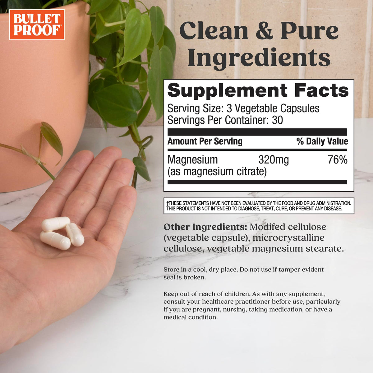 Capsules de magnésium Bulletproof avec étiquette et dosage visible