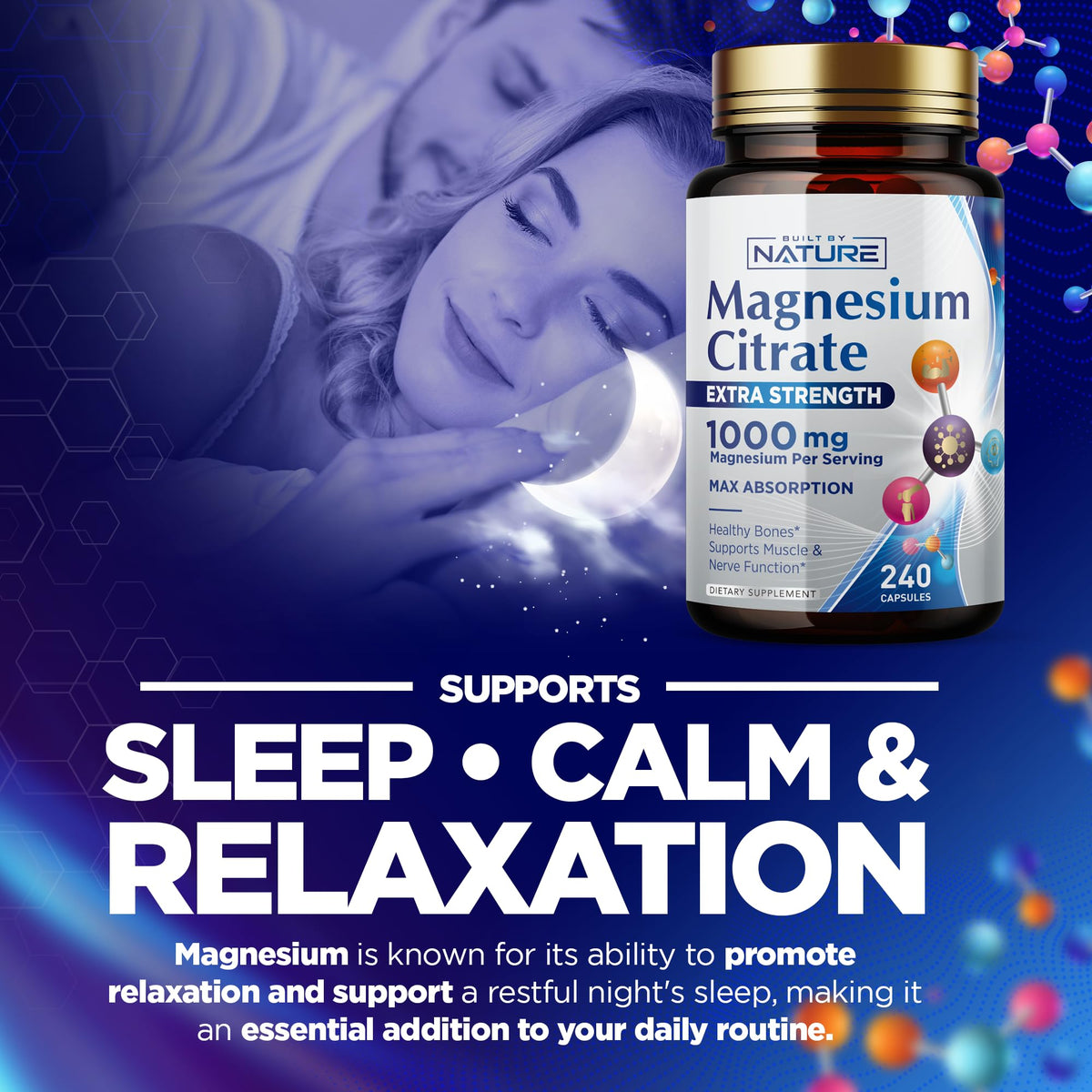Capsules de Magnésium Citrate 1000mg - Built by Nature sur fond blanc