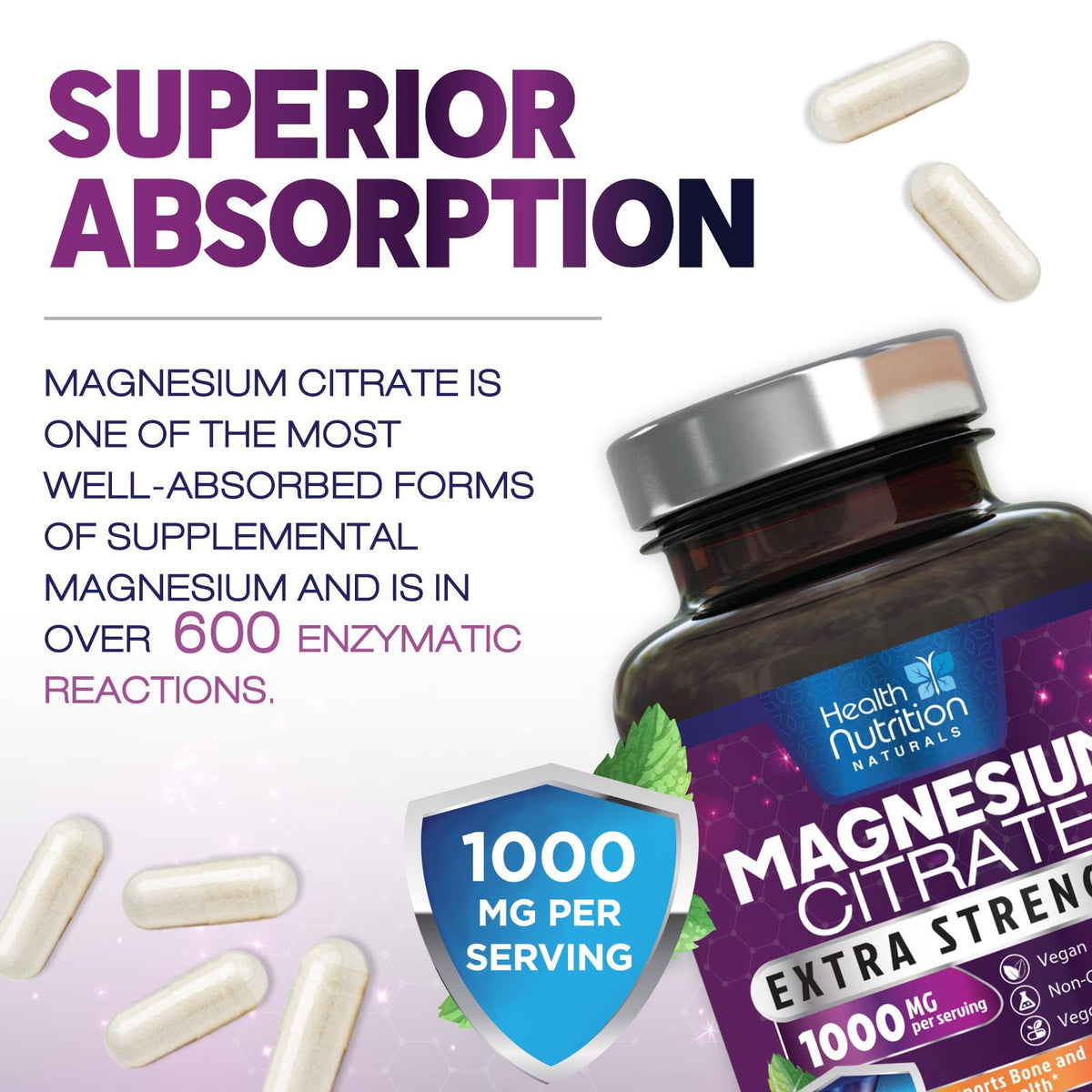 Capsules de magnésium citrate 1000mg sur une surface blanche