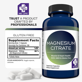 Capsules de magnésium citrate MD.LIFE dans une main