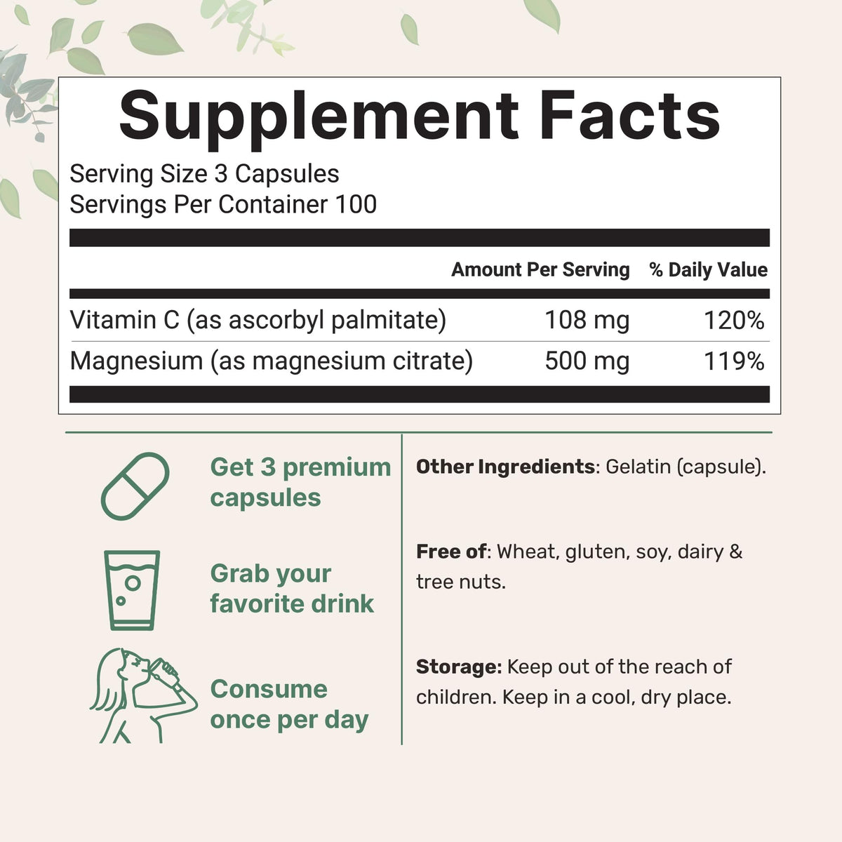 Capsules de magnésium citrate sur une surface en bois