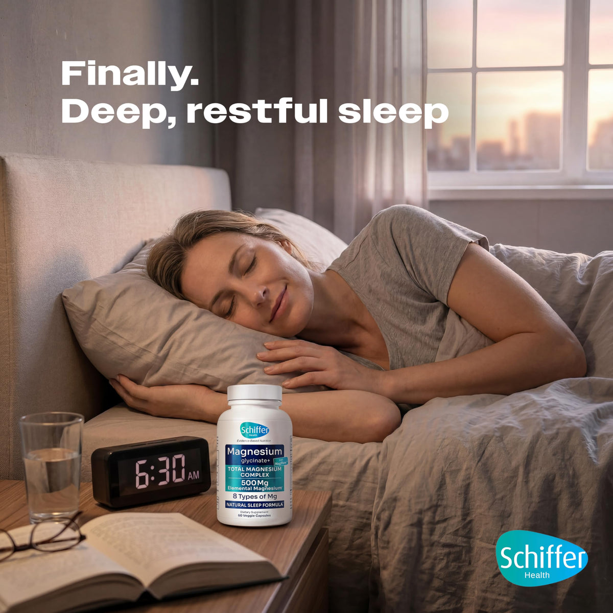 Capsules de Magnésium Complexe SCHIFFER HEALTH sur fond blanc