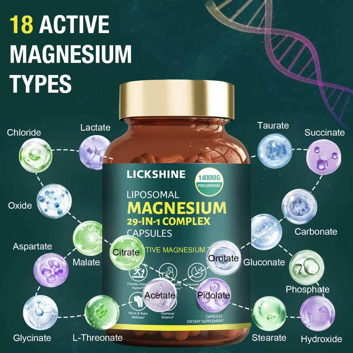 Capsules de magnésium dans un contenant de lickshine