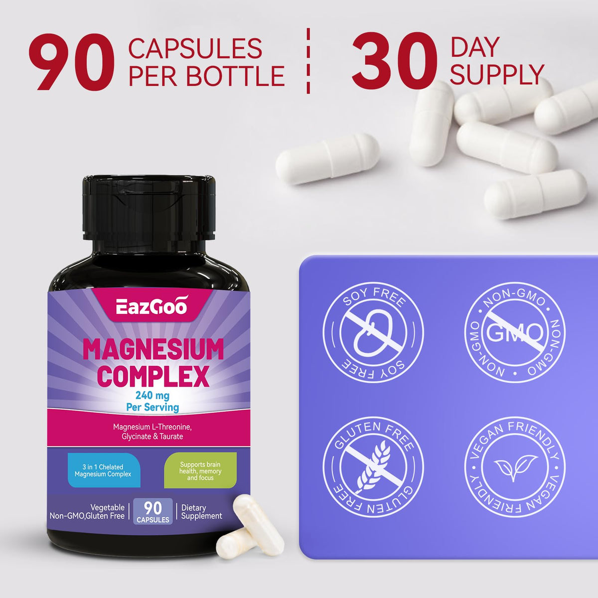 Capsules de magnésium EAZGOO avec un verre d'eau