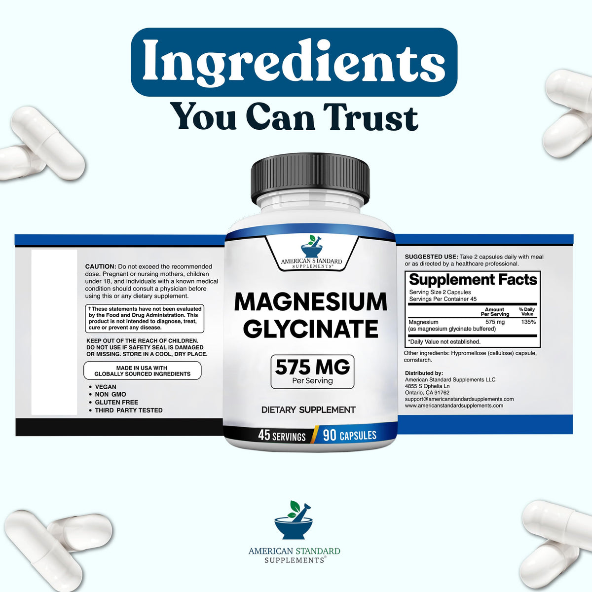 Capsules de magnésium glycinate American Standard Supplements dans un verre transparent