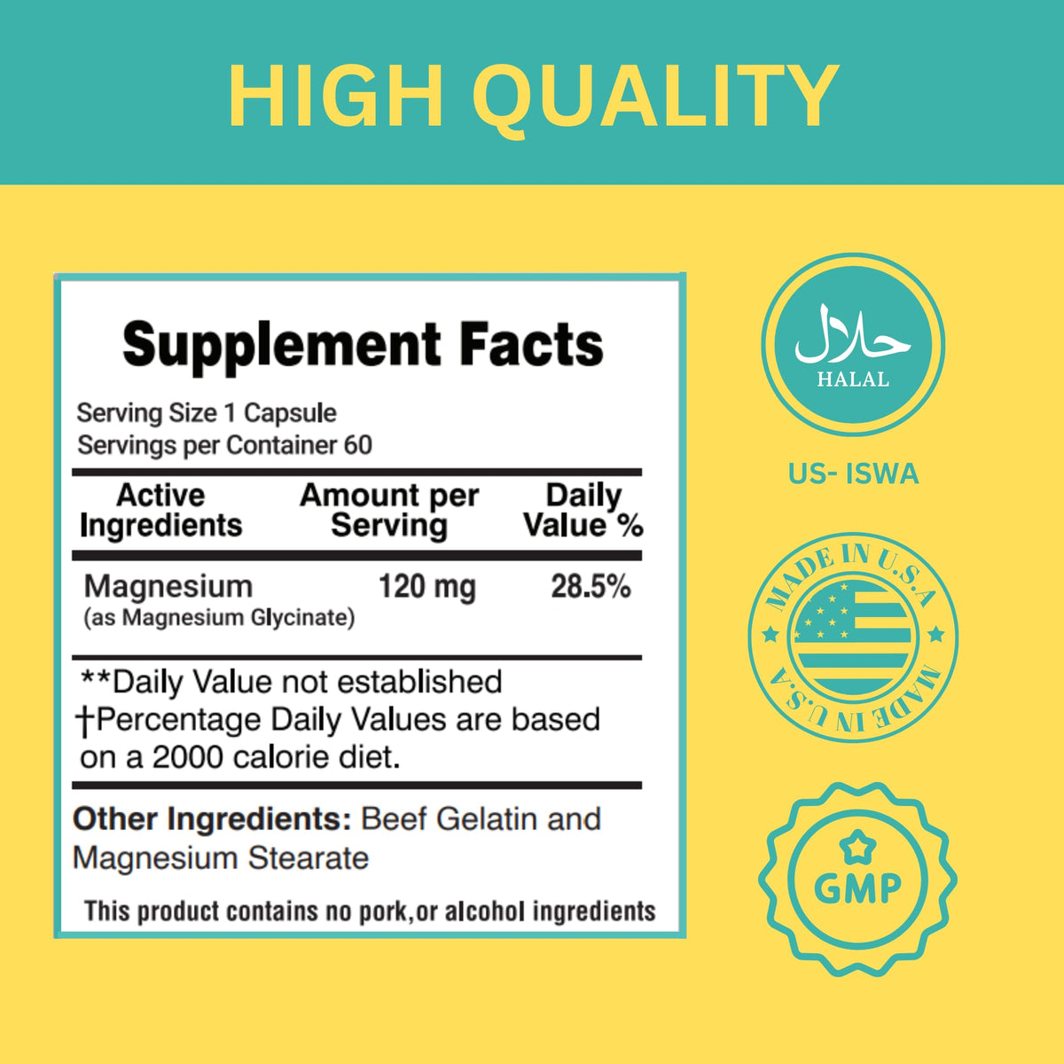 Capsules de magnésium glycinate halal prêtes à être prises