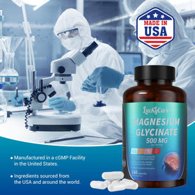 Capsules de Magnésium Glycinate Luckycare sur fond blanc