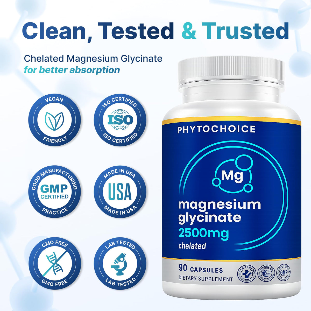 Capsules de Magnésium Glycinate PHYTOCHOICE avec un verre d'eau