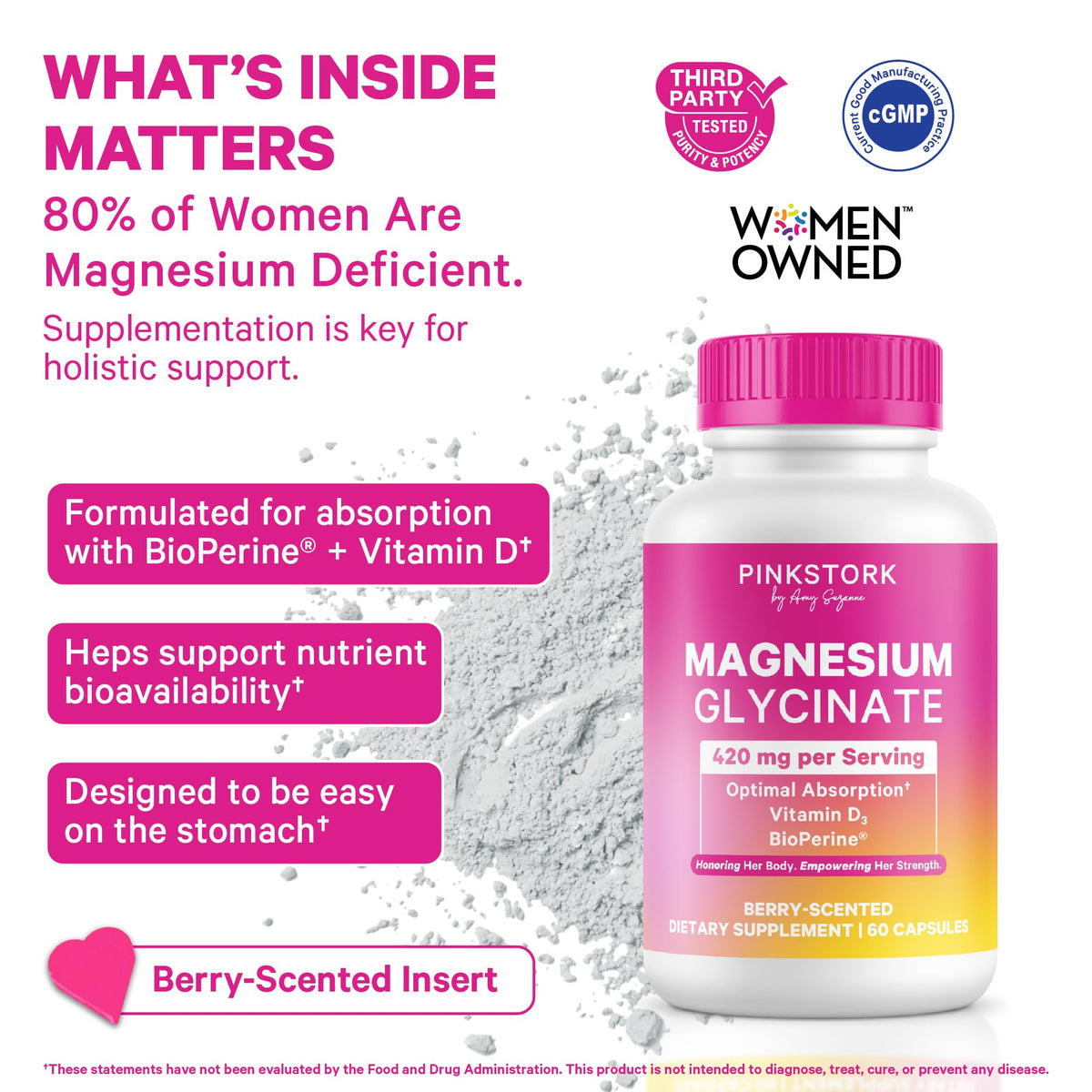 Capsules de Magnésium Glycinate Pink Stork sur une surface blanche