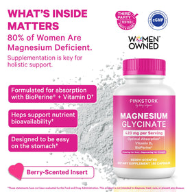 Capsules de Magnésium Glycinate Pink Stork sur une surface blanche