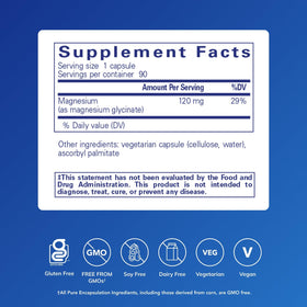 Capsules de magnésium glycinate Pure Encapsulations sur fond blanc