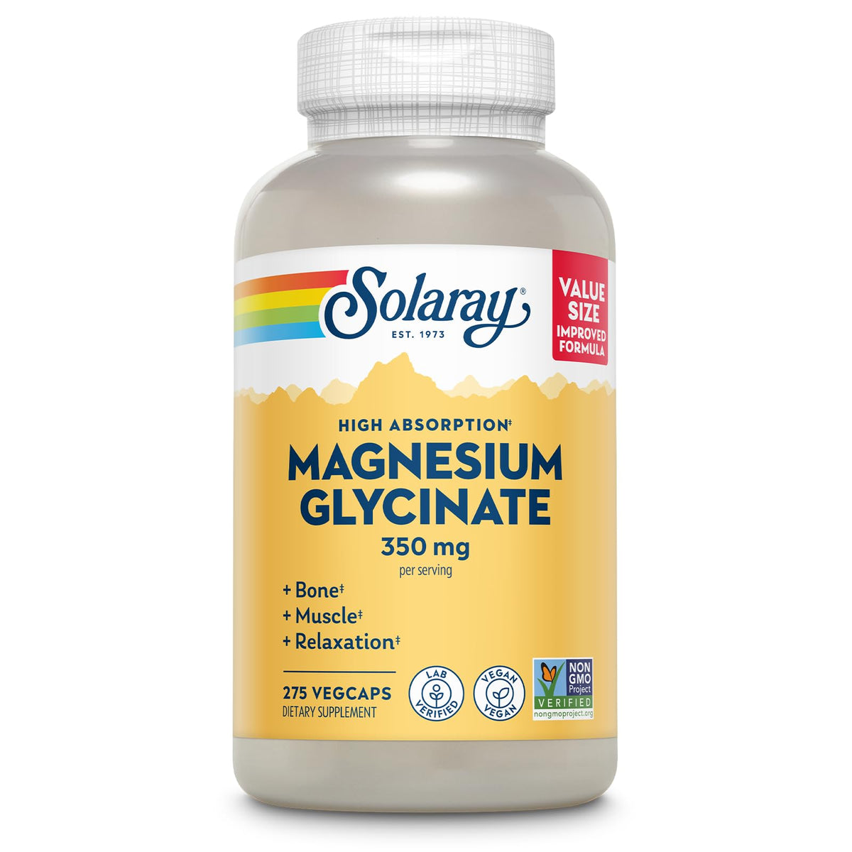 Capsules de Magnésium Glycinate SOLARAY en bouteille vue de face