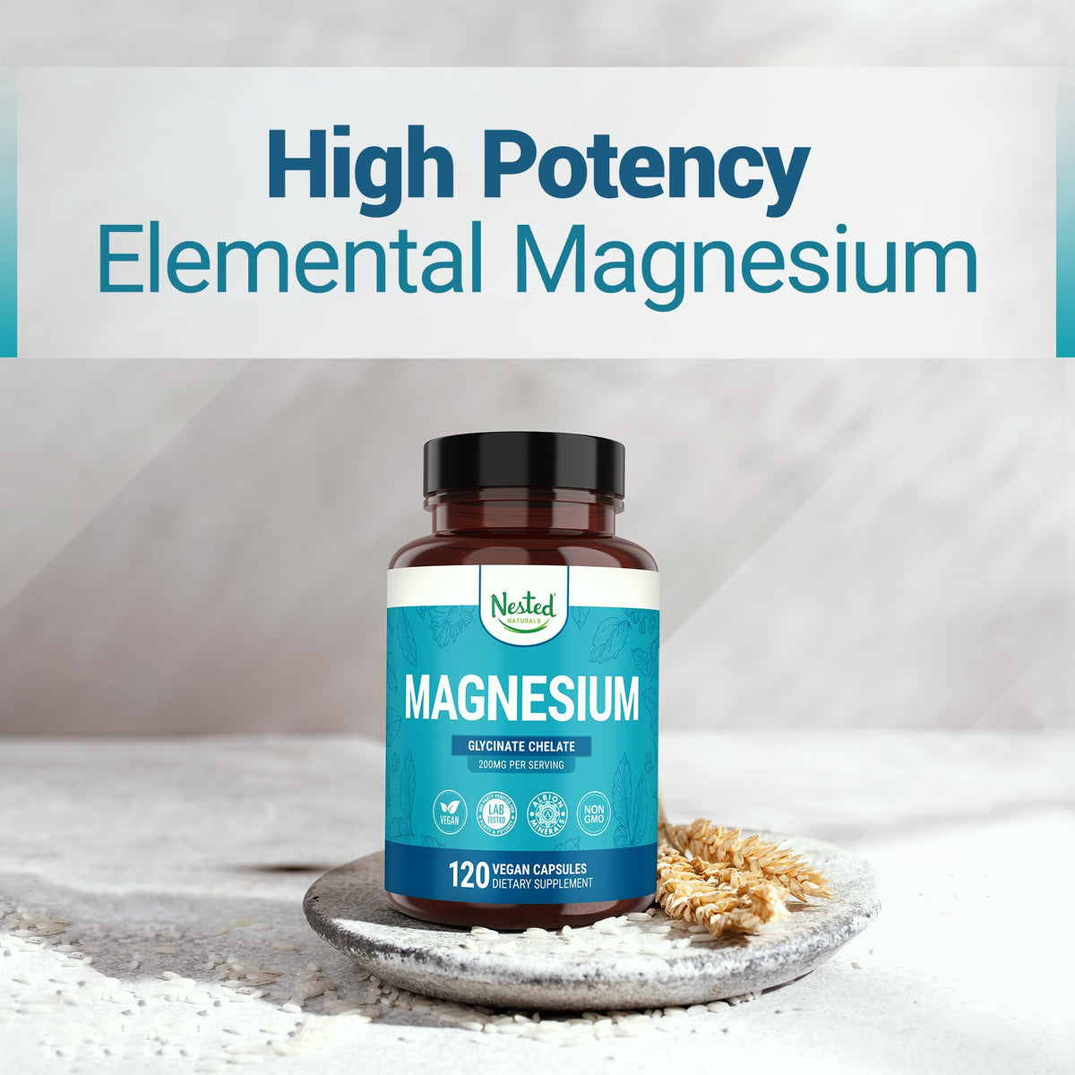 Capsules de Magnésium Glycinate sur une surface en bois