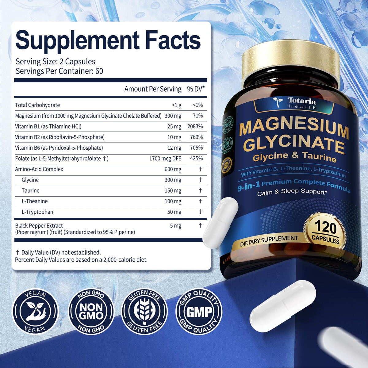Capsules de magnésium glycinate Totaria dans un verre d'eau