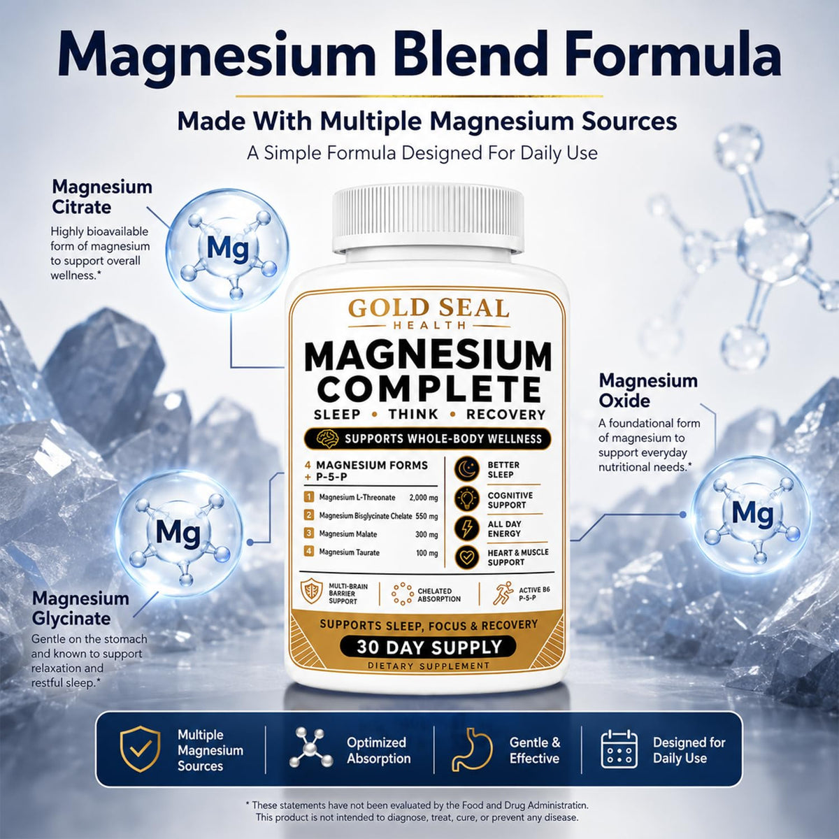 Capsules de magnésium Gold Seal sur une surface blanche