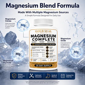 Capsules de magnésium Gold Seal sur une surface blanche