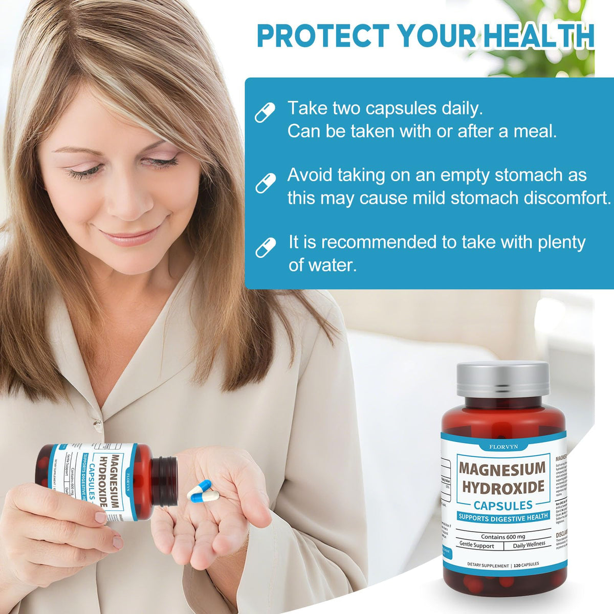 Capsules de magnésium hydroxyde Florvyn sur une table