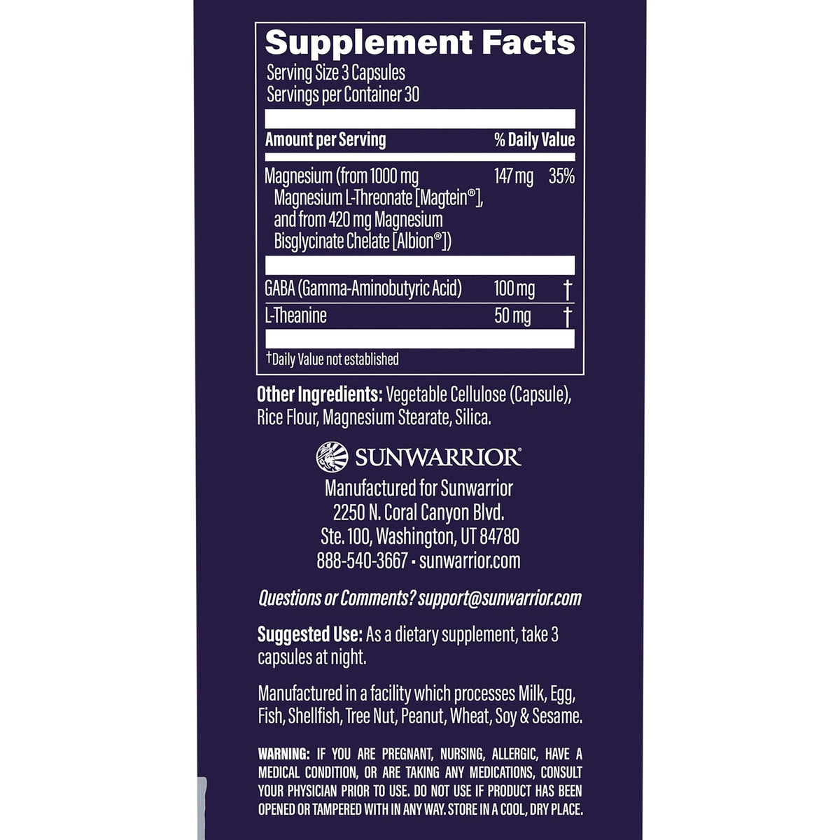 Capsules de magnésium L-théanine Sunwarrior sur fond blanc