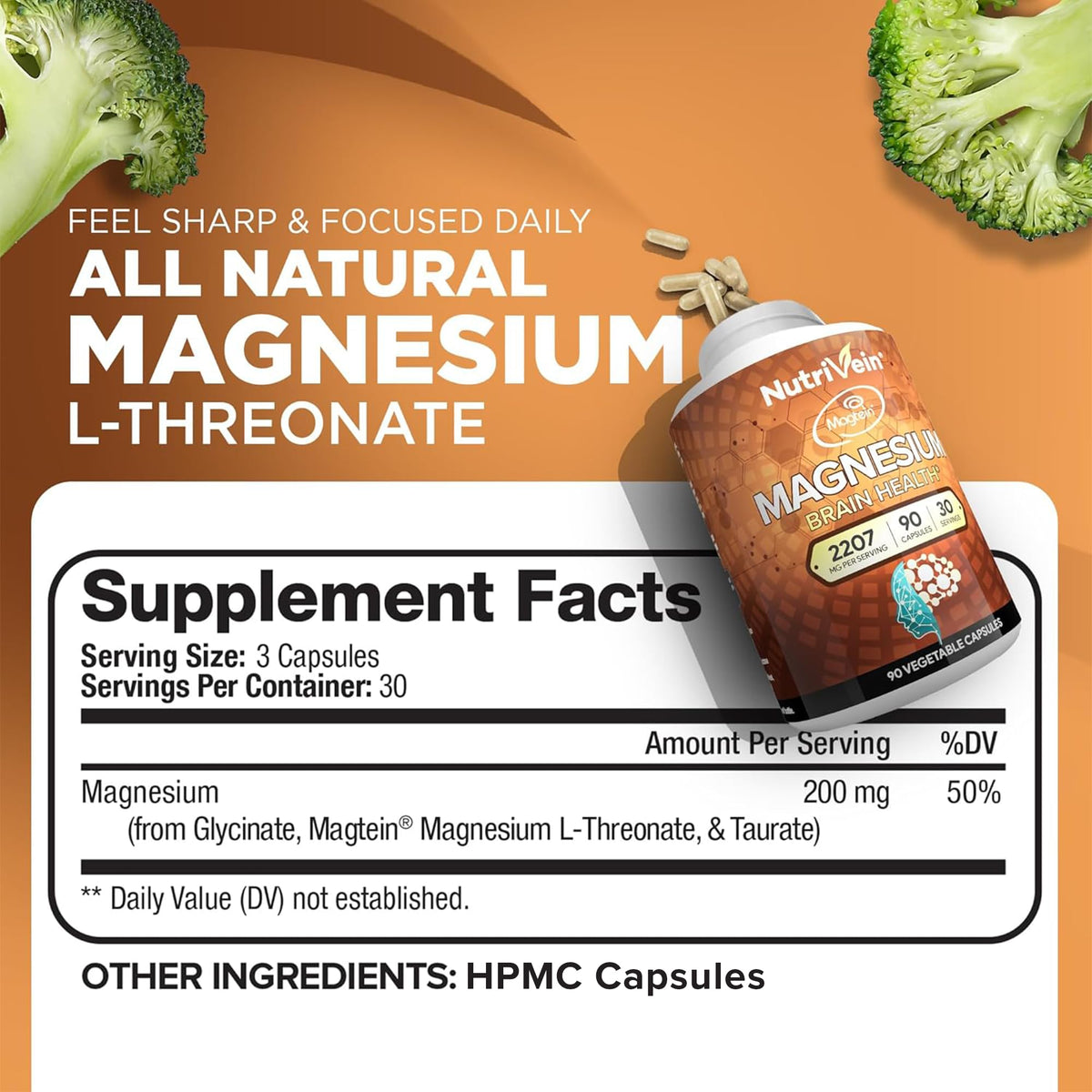 Capsules de Magnésium L-Thréonate Nutrivein sur une surface blanche