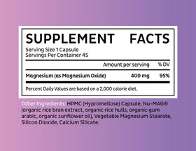 Capsules de magnésium oxyde 400mg Zeal Naturals avec une main tenant le flacon