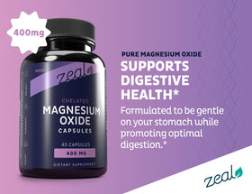 Capsules de magnésium oxyde 400mg Zeal Naturals sur une surface blanche