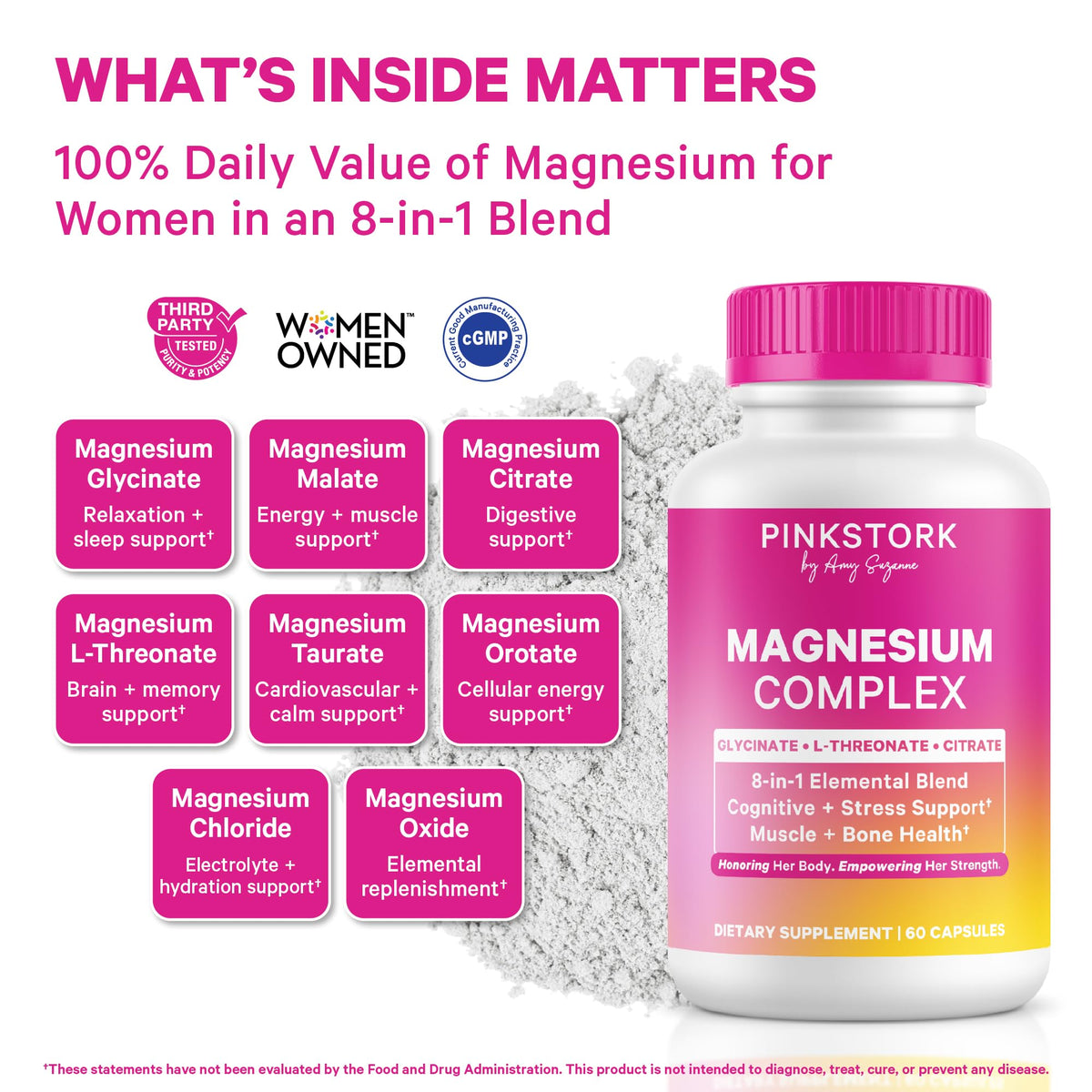 Capsules de magnésium Pink Stork sur fond blanc