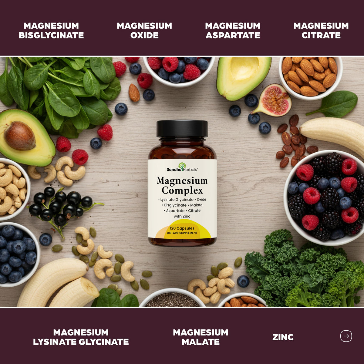 Capsules de magnésium SANDHUHERBALS sur une table