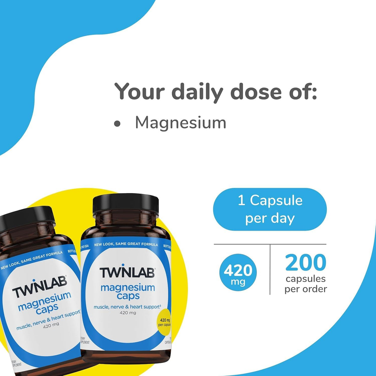 Capsules de Magnésium Twinlab sur une surface blanche